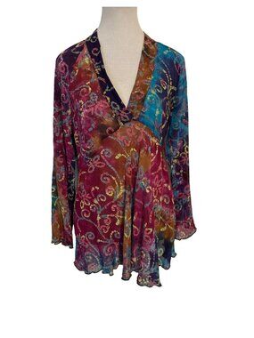 Chico's 100% Silk Abstract Artsy Motif V-Neck Flowy Tunic Blouse Size 1 Medium